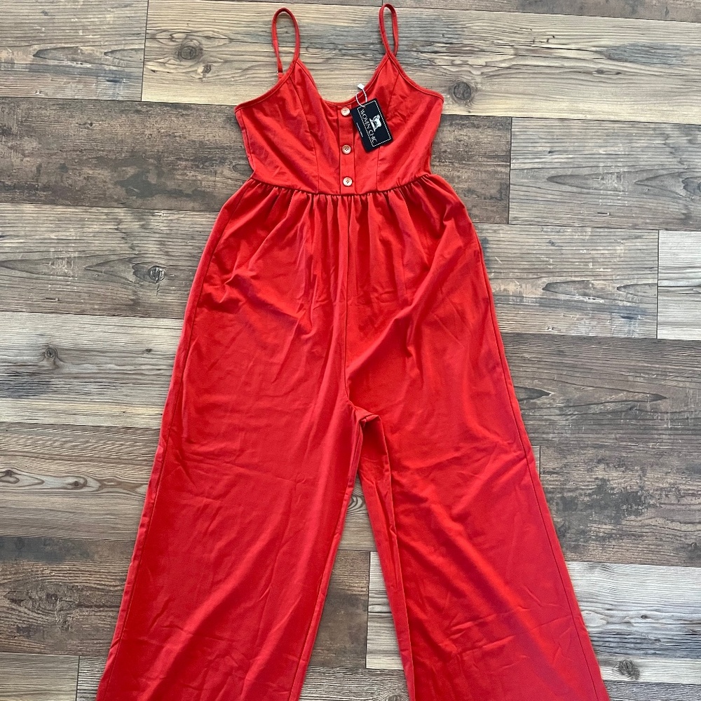 Plain Wide Leg Button Jumpsuit